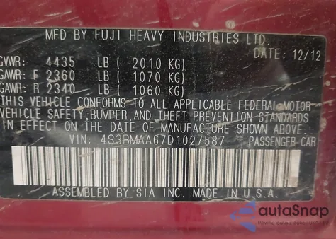 2013 Subaru Legacy 2.5I from USA, damaged, VIN 4S3BMAA67D1027587